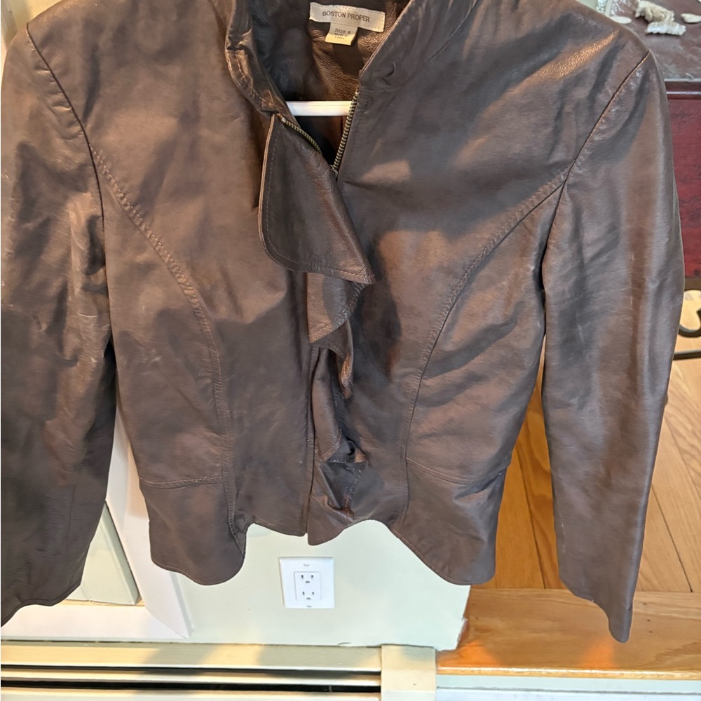 Boston Proper Dark Brown Leather Jacket. Ruffle - Picture 3 of 10